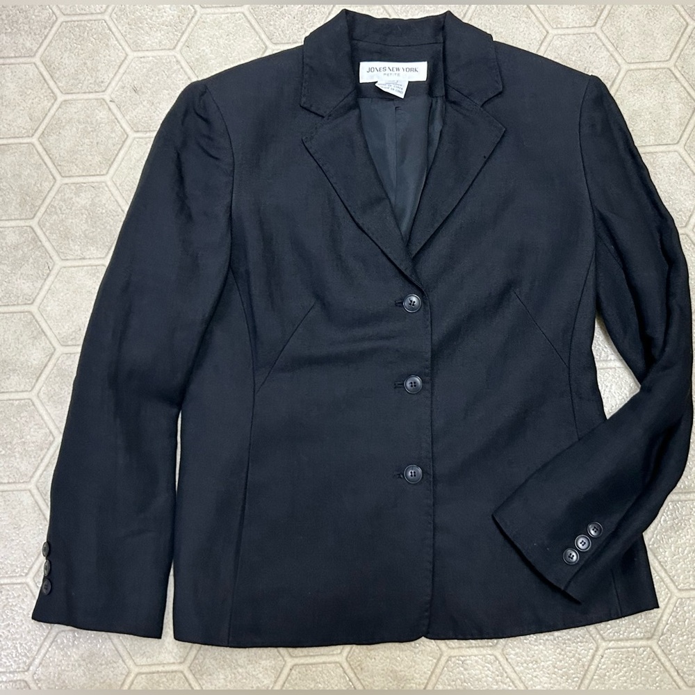 Women’s 10 Petite Black Linen Blend Jones New York Blazer Coat Jacket